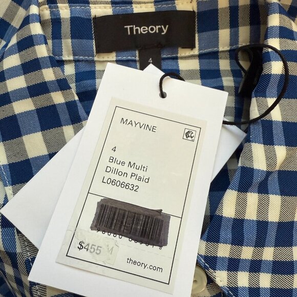 Theory Mayvine Dillon Plaid Linen Mini Shirt Dress Women 4 Blue White Preppy NWT - Picture 15 of 16